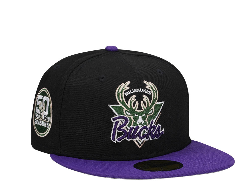 New Era Milwaukee Bucks 50th Anniversary Black Purple Two Tone Classic Edition 59Fifty Fitted Cap